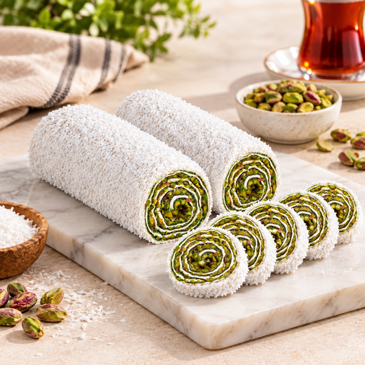 Rahat Turcesc cu Fistic, Mere și Nucă de Cocos (de post/vegan)